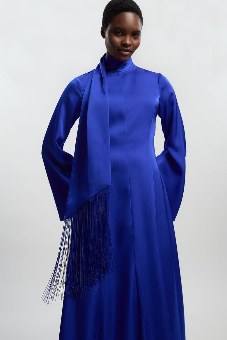 High Neck Long Sleeve Maxi Dress, Alternate, color, Cobalt