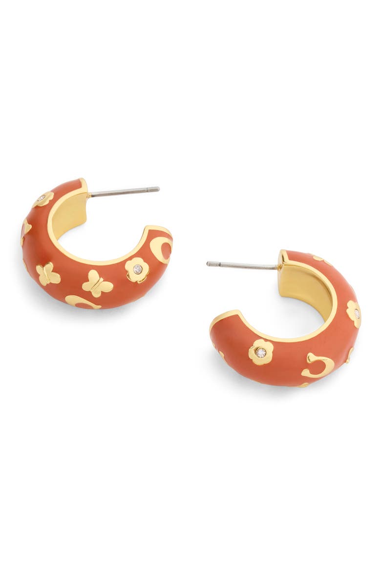 Chubby Floral Enamel Huggie Hoop Earrings, Alternate, color, BROWN/ GOLD