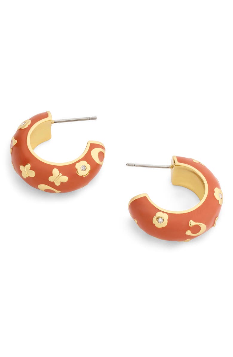 COACH Chubby Floral Enamel Huggie Hoop Earrings, Alternate, color, Brown/ Gold