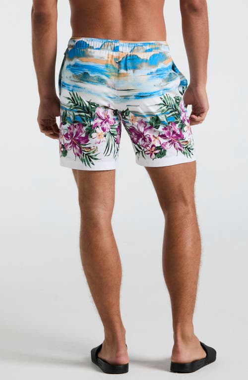 Original Penguin 7 Volley All Over Print Hibiscus Scene Swim Trunk In Bright White