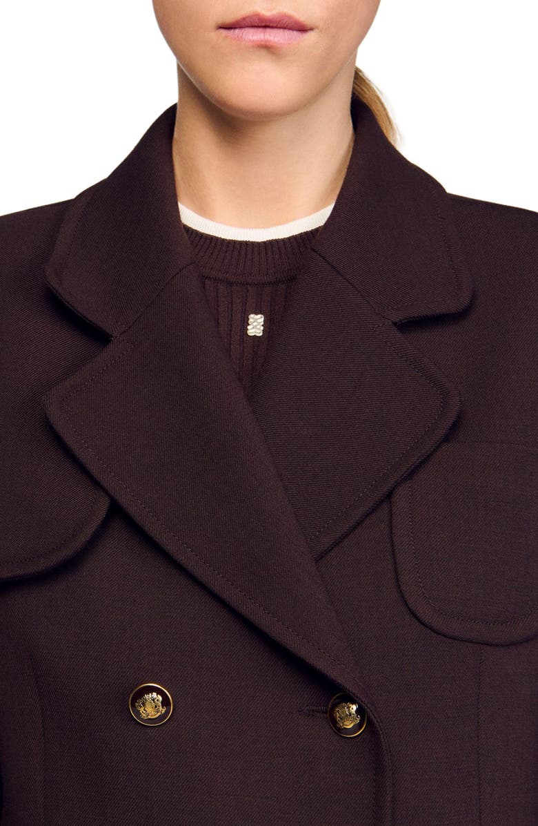 SANDRO Structured long double-breasted coat, Alternate, color, Brown