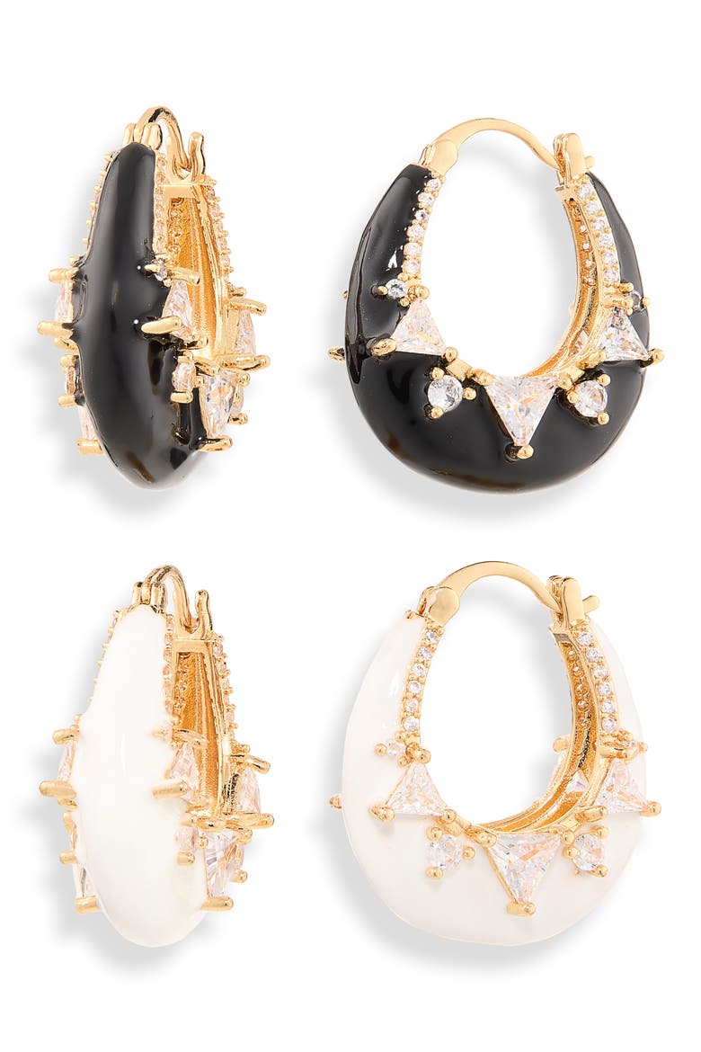 Set of 2 Zircon Hoop Earrings, Main, color, CREAM/ BLACK