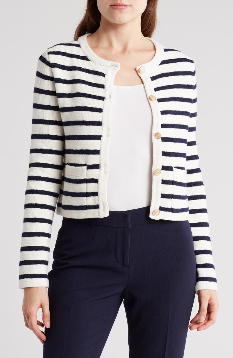 Amanda & Chelsea Stripe Crop Jacket, Main, color, Ivory/ Navy