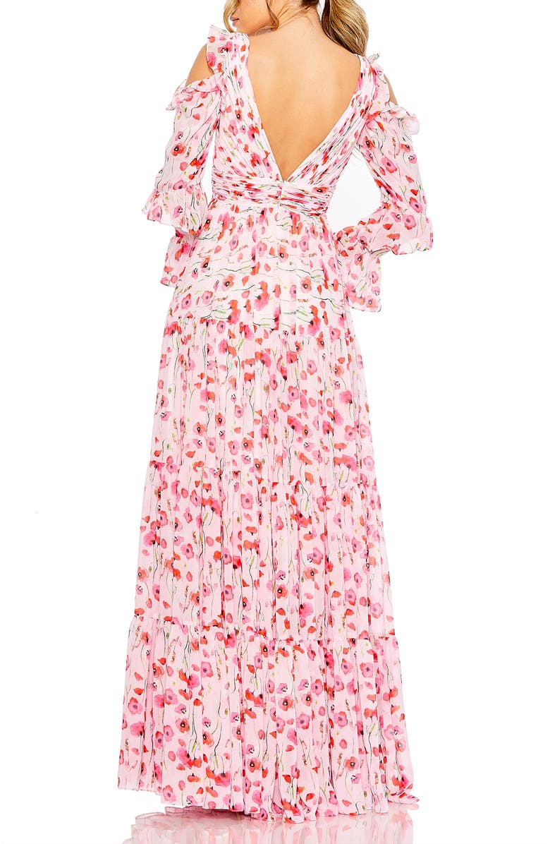 Mac Duggal Ruffle Sleeve Floral Print Gown, Alternate, color, White Multi