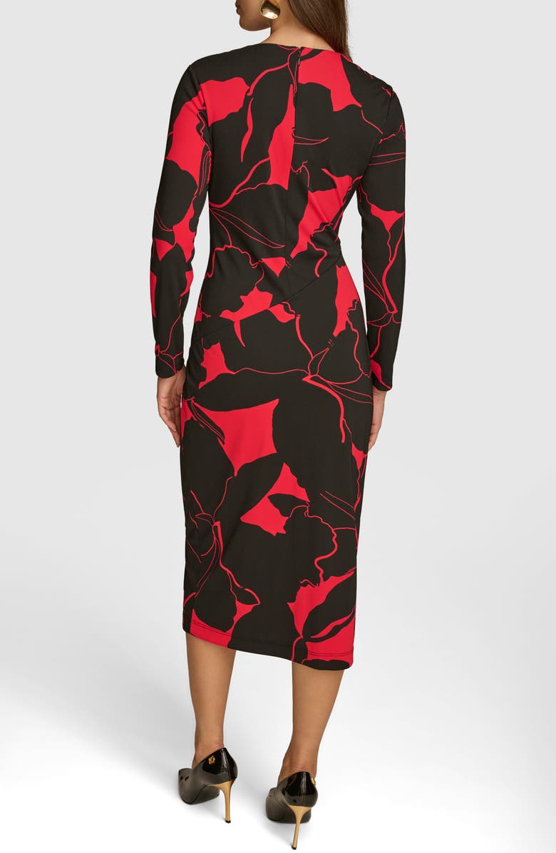 Donna Karan New York Bar Long Sleeve Faux Wrap Jersey Midi Dress, Alternate, color, Black/ Red Multi
