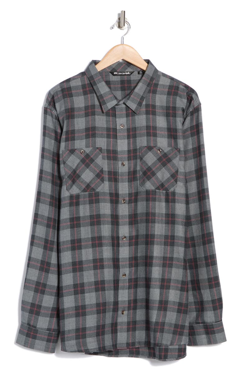 TravisMathew Cloud Plaid Flannel Button-Up Shirt, Main, color, Heather Black/ Red