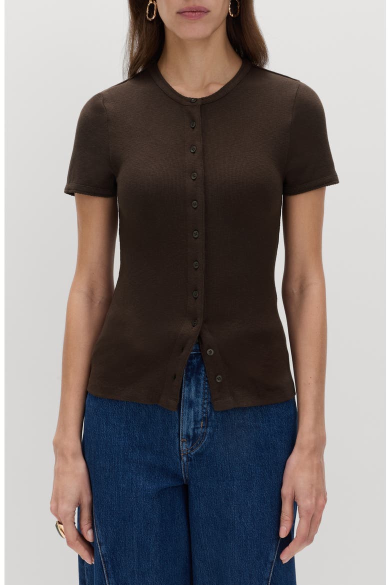 Rib Short Sleeve Button-Up Top, Main, color, DARK MOLE BROWN