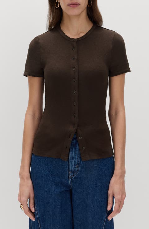 Rib Short Sleeve Button-Up Top