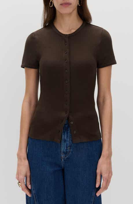 Rib Short Sleeve Button-Up Top