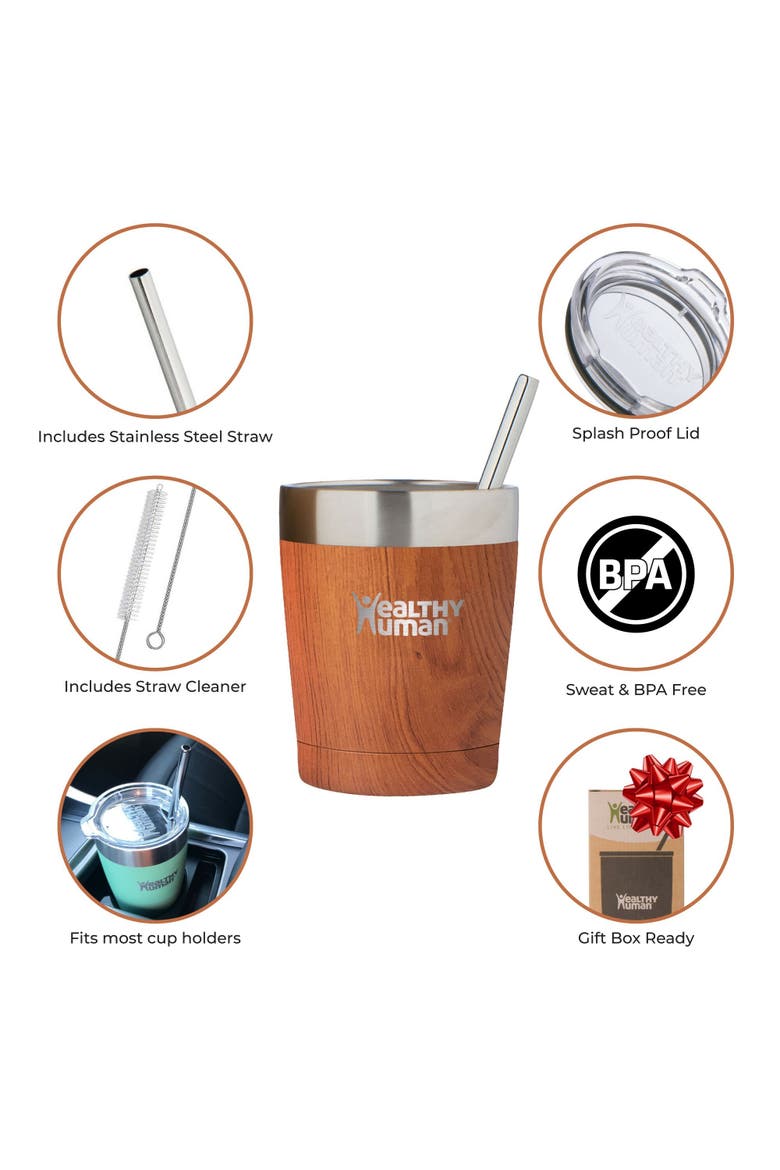 Stainless Steel Tumbler with Straw, 12 oz Natural Wood, Alternate, color, Brown