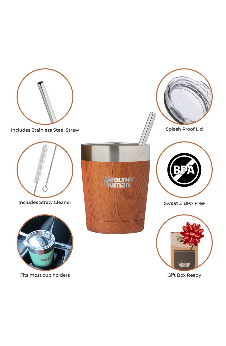 Healthy Human Stainless Steel Tumbler with Straw, 12 oz Natural Wood, Alternate, color, Brown