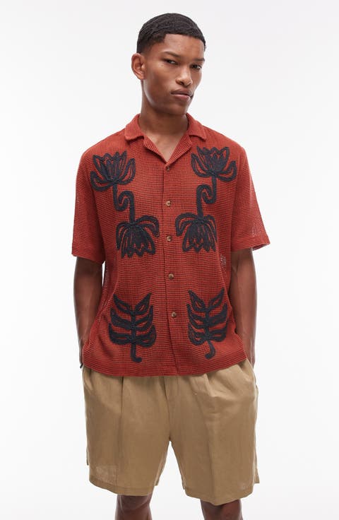 Oversize Floral Appliqué Camp Shirt