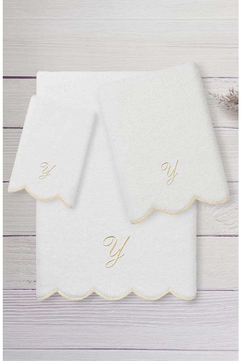 Adornia Scallop Initial 3-Piece Towel Set, Alternate, color, WHITE/ BEIGE Y