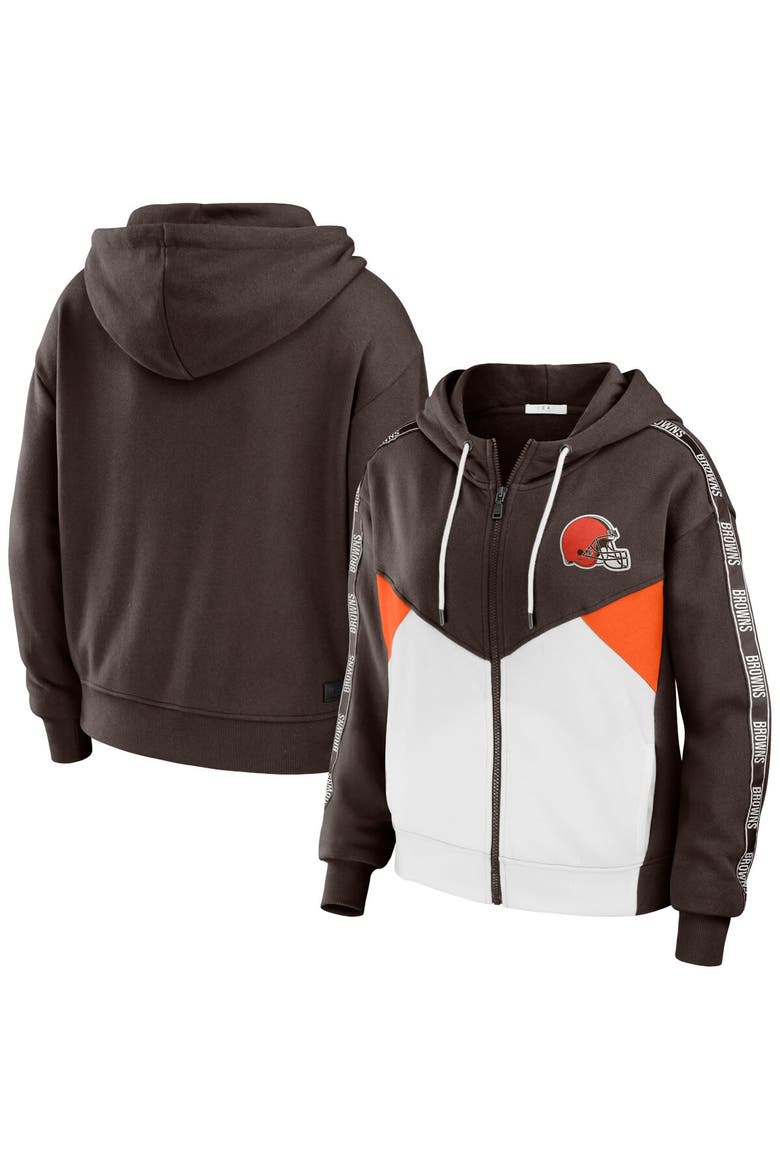 Women's WEAR by Erin Andrews Brown/White Cleveland Browns Color Block Light Weight Modest Crop Full-Zip Hoodie, Main, color, Brown