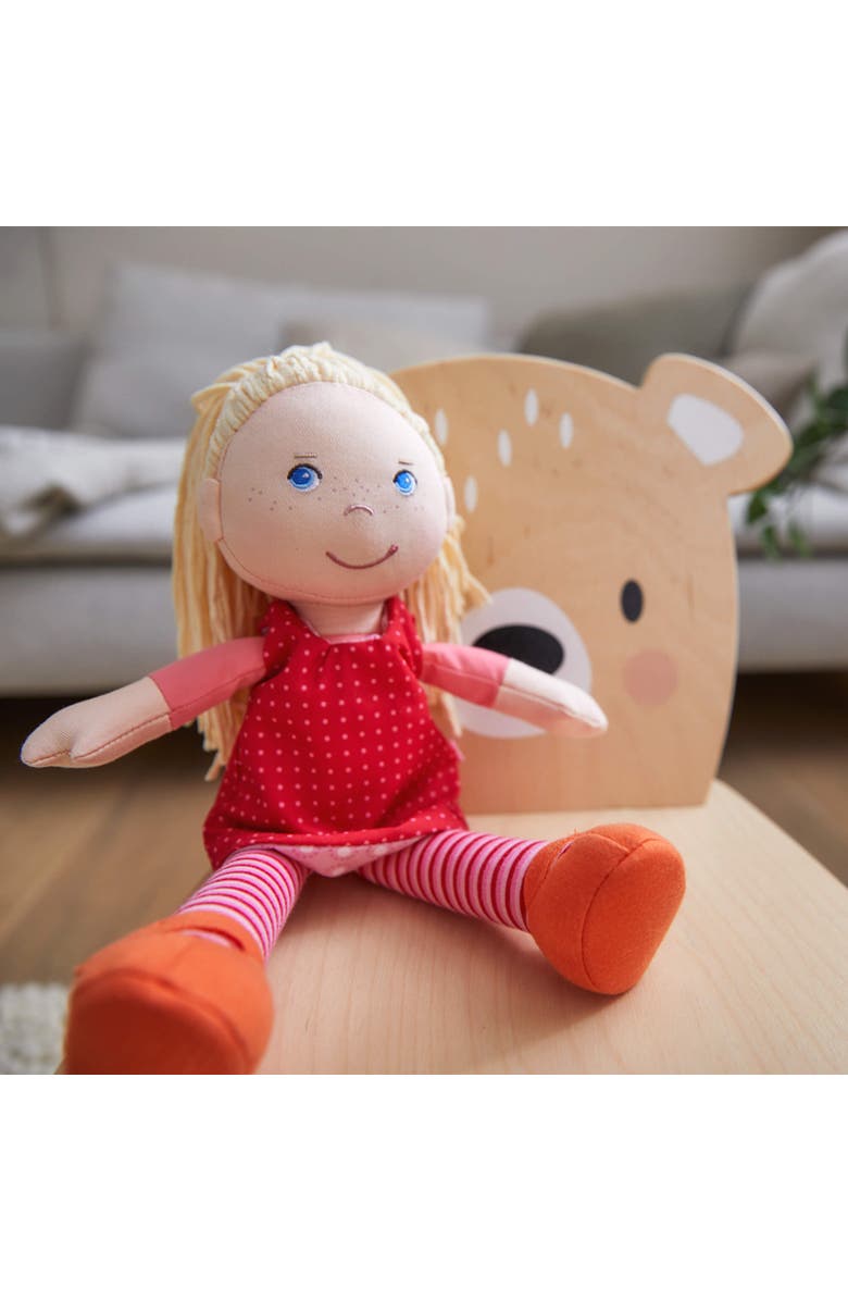 HABA 12" Soft Baby Doll Annelie with Blonde Hair, Embroidered Face, Removable Red Dress and Matching Hairband - Washable Toddler Doll for 18 Months+, Alternate, color, Red Multi