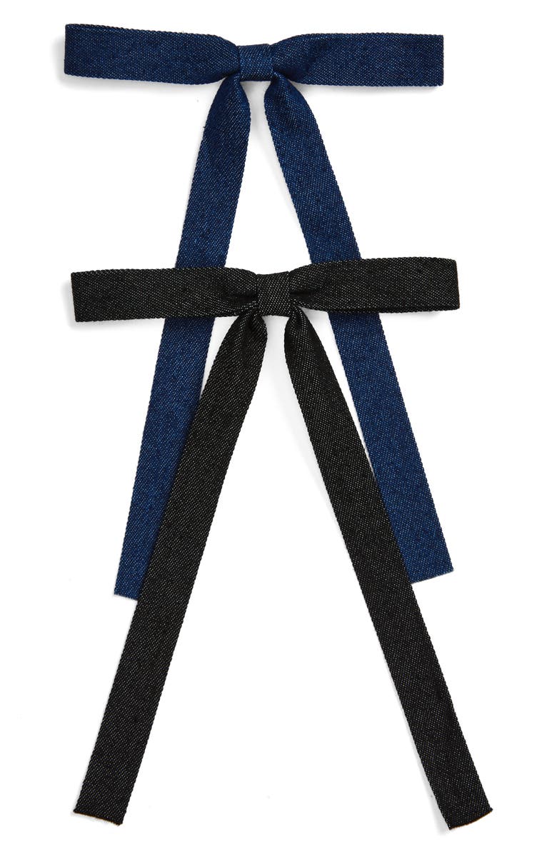 Tasha 2-Pack Skinny Denim Bow Barrettes, Main, color, Denim/Black