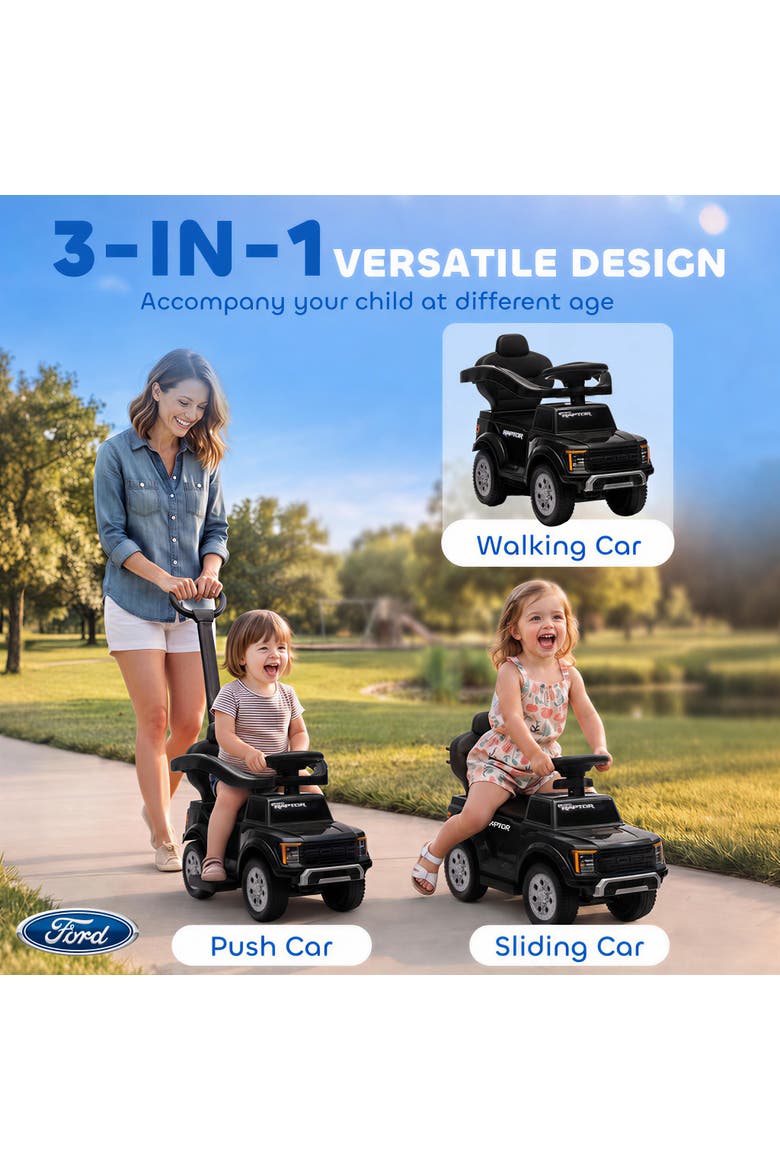 3 In 1 Kids Push Car for Toddlers, Licensed Ford Baby Ride On Car with Push Handle, Horn, Sound, Secure Bar, Alternate, color, Black