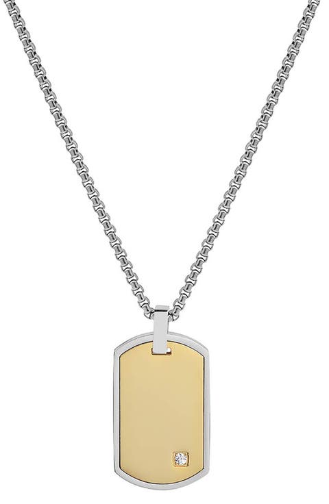 Men's Stainless Steel Cubic Zirconia Dog Tag Pendant Necklace