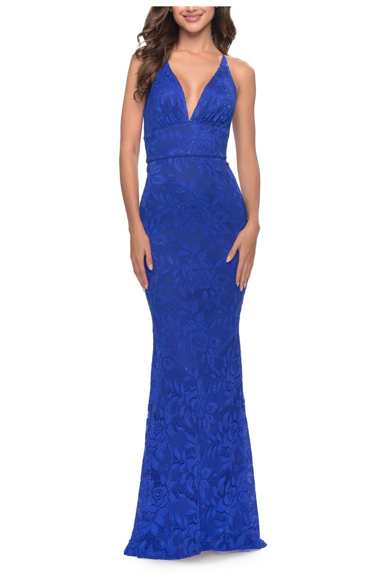 La Femme Fitted Stretch Lace Prom Dress with Banded Waist, Main, color, Royal Blue