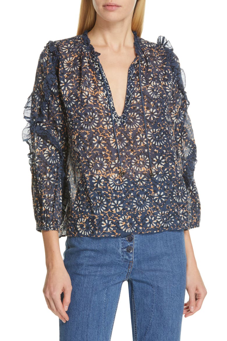 Lillian Ruffle Trim Blouse, Main, color, AZUL