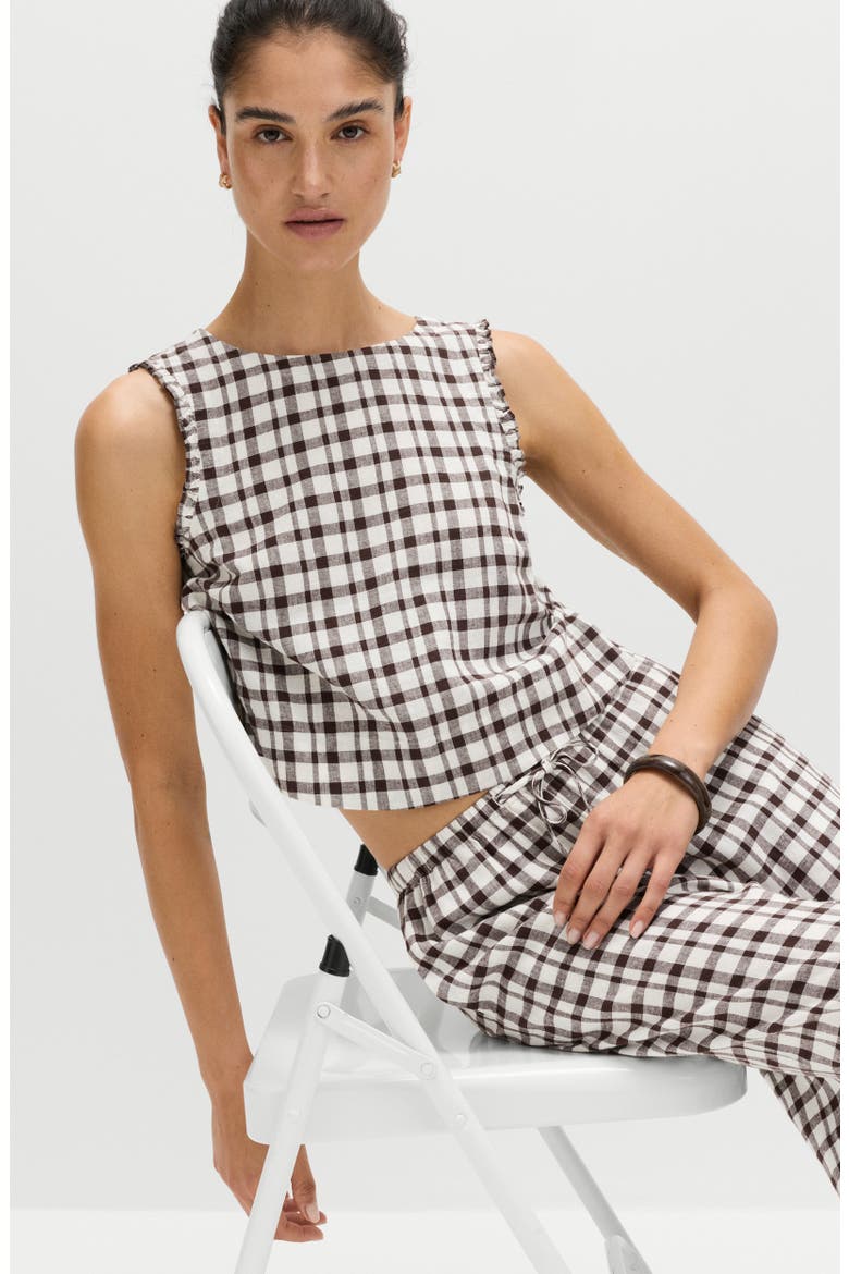 Gingham Ruffle Trim Linen Blend Crop Top, Alternate, color, BROWN/ MULTI