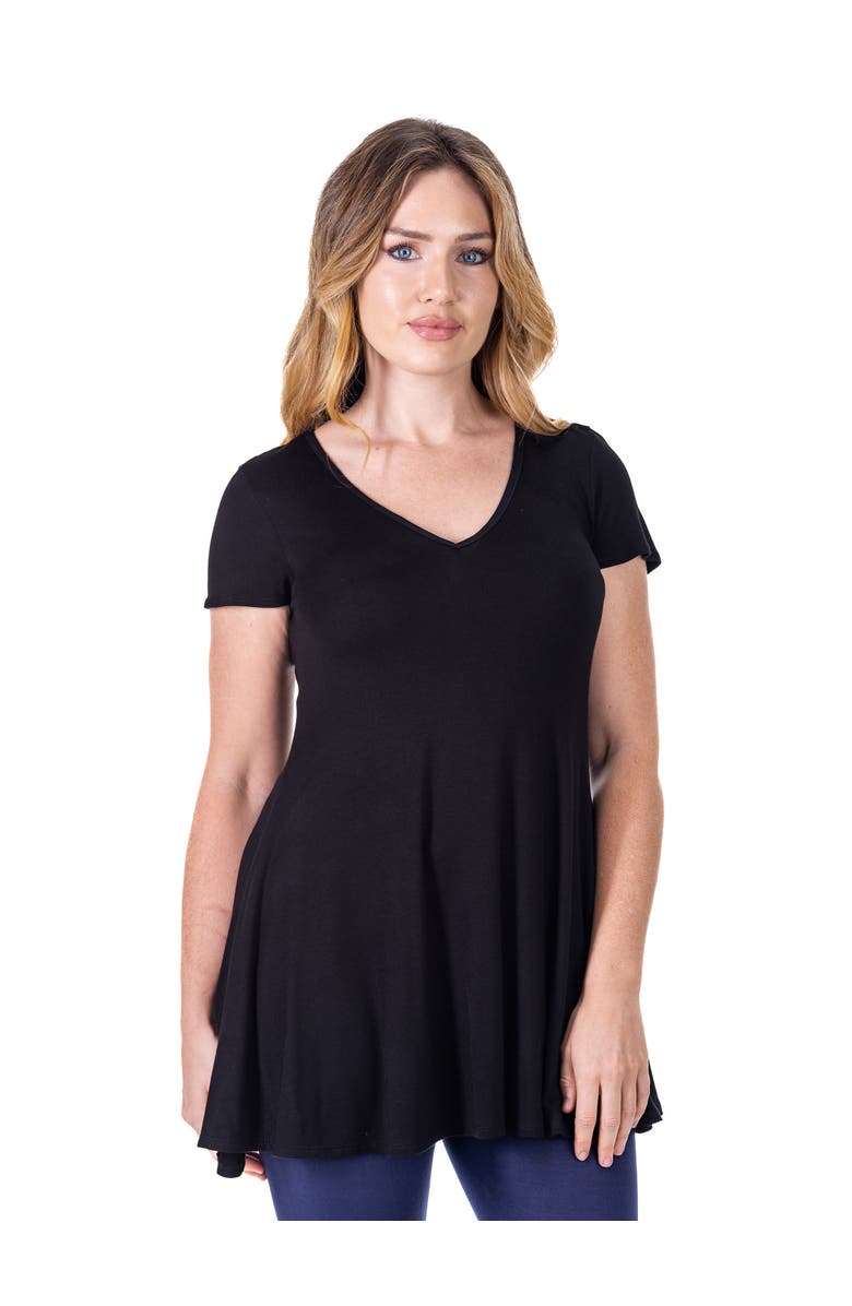 24seven Comfort Apparel Short Sleeve Loose Fit Tunic Top with V-Neck, Main, color, Black
