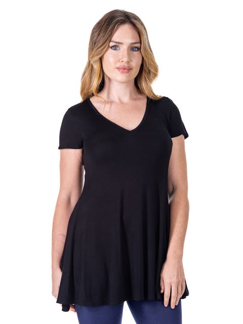 Short Sleeve Loose Fit Tunic Top with V-Neck