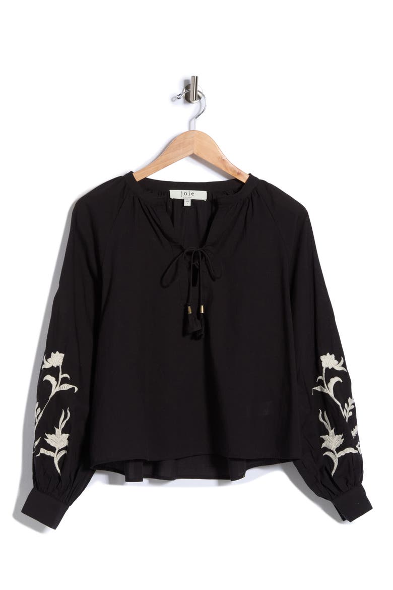 Embroidered Tie Neck Top, Alternate, color, BLACK W/ ECRU EMBROIDERY