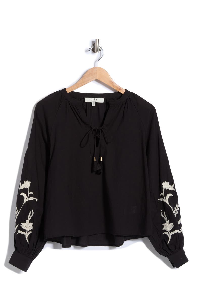 Joie Embroidered Tie Neck Top, Main, color, Black W/ Ecru Embroidery
