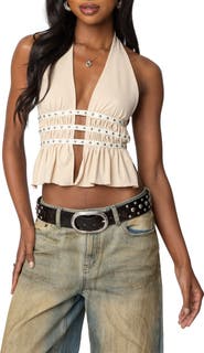 EDIKTED Studded Split Front Open Back Halter Top