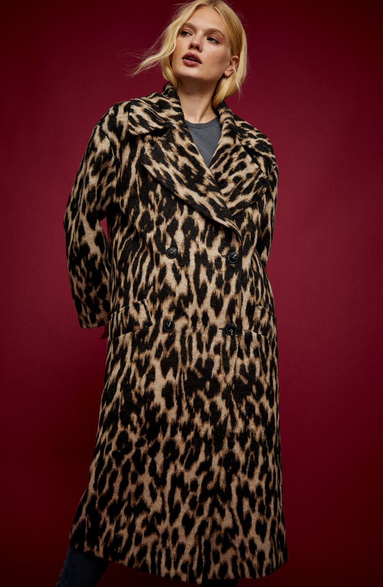 Topshop Leopard Print Maxi Coat, Alternate, color,