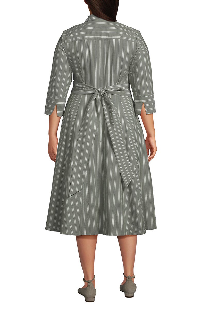 Lands' End Plus Size Poplin Midi Wrap Front Dress, Alternate, color, River Stone Double Stripe