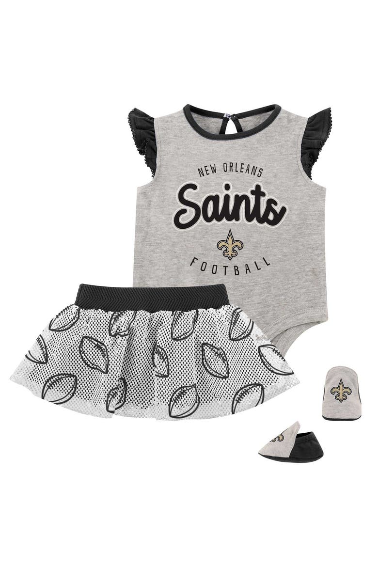 Girls Infant Heather Gray/Black New Orleans Saints All Dolled Up Three-Piece Bodysuit, Skirt & Booties Set, Main, color, Heather Gray