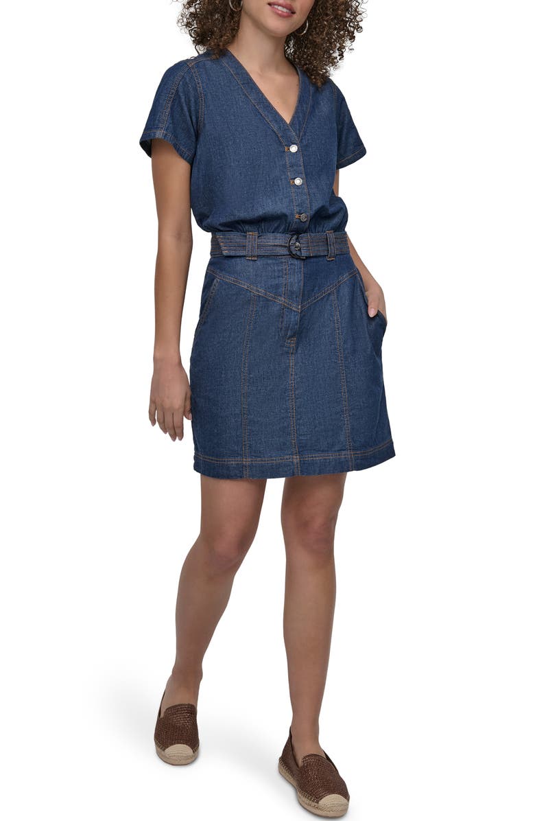 DKNY Short Sleeve Denim Shirtdress, Main, color, Crosby Wash