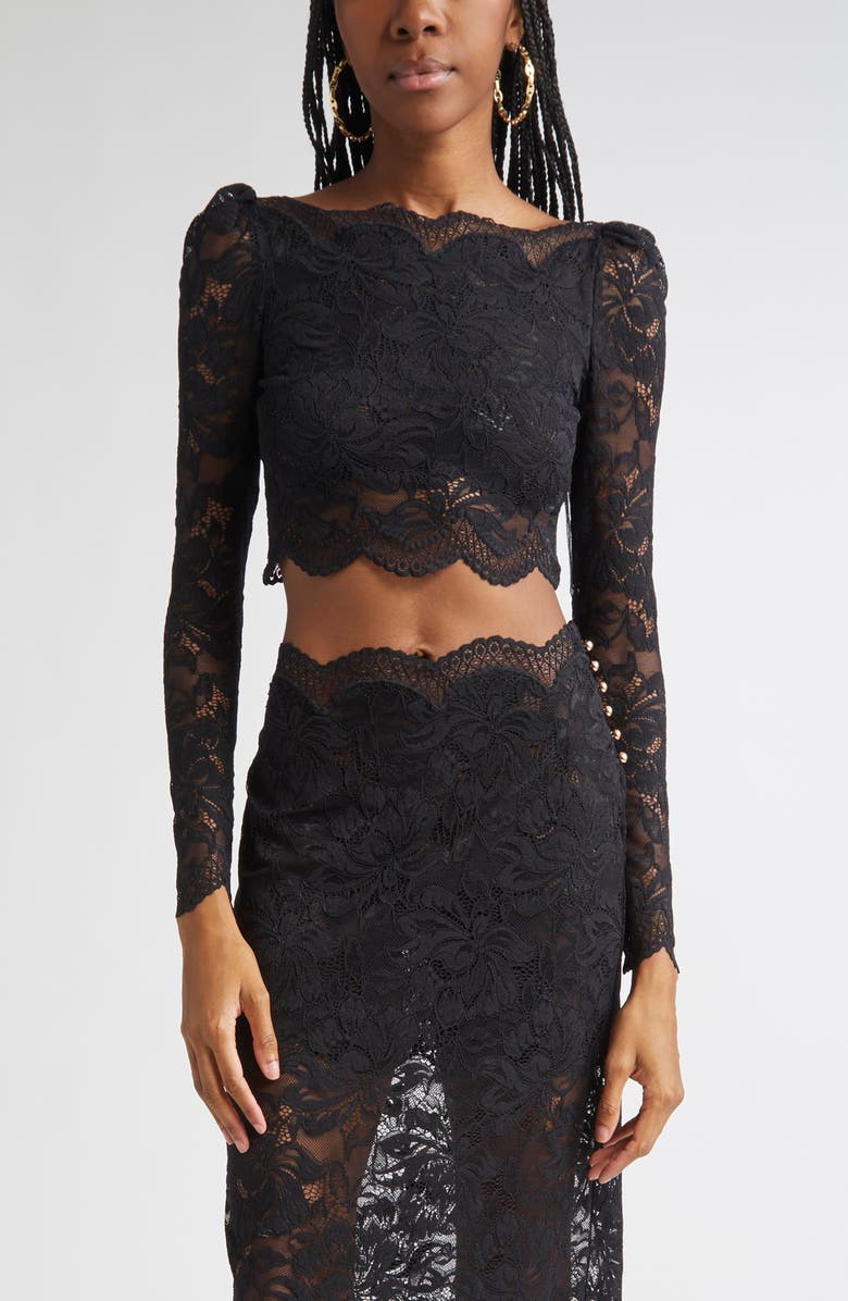 Rabanne Stretch Lace Crop Top, Main, color, Black