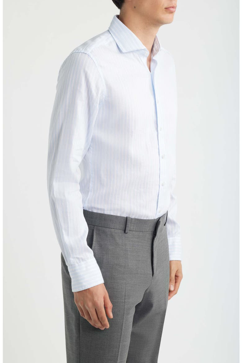 Slim Fit Stripe Non-Iron Cotton & Linen Dress Shirt, Alternate, color, LIGHT BLUE
