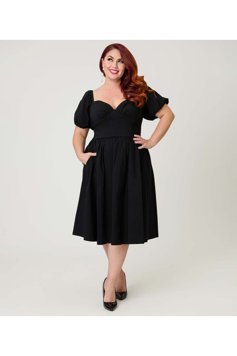 Plus Size Sweetheart Puff Sleeve Swing Dress, Main, color, Solid Black