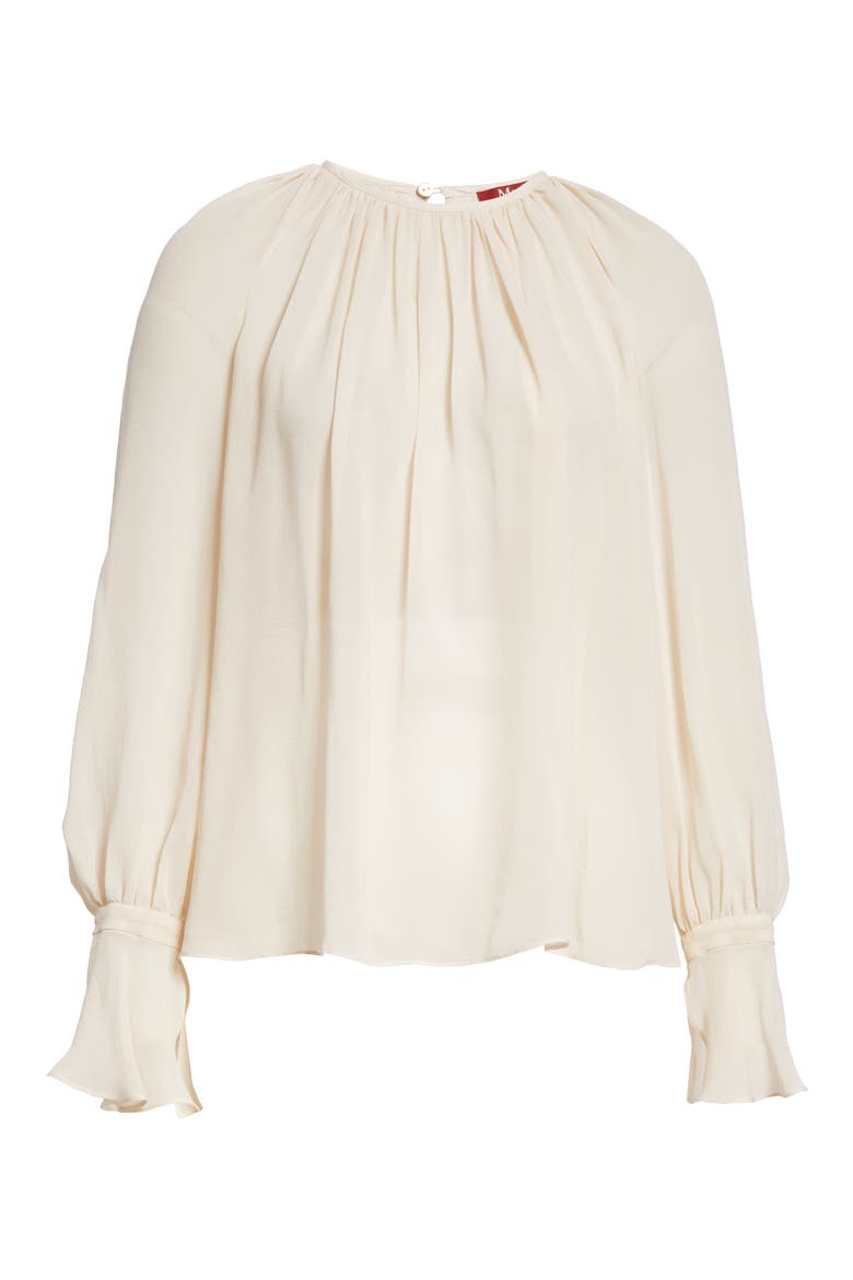 Yelina Semisheer Bell Sleeve Bow Back Silk Georgette Top, Alternate, color, BEIGE