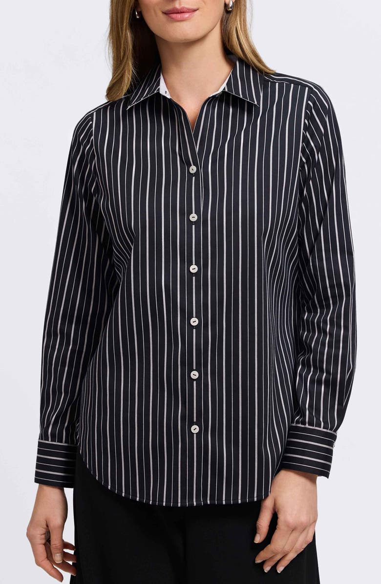 Foxcroft Margie Stripe Button-Up Shirt, Main, color, Black/ White