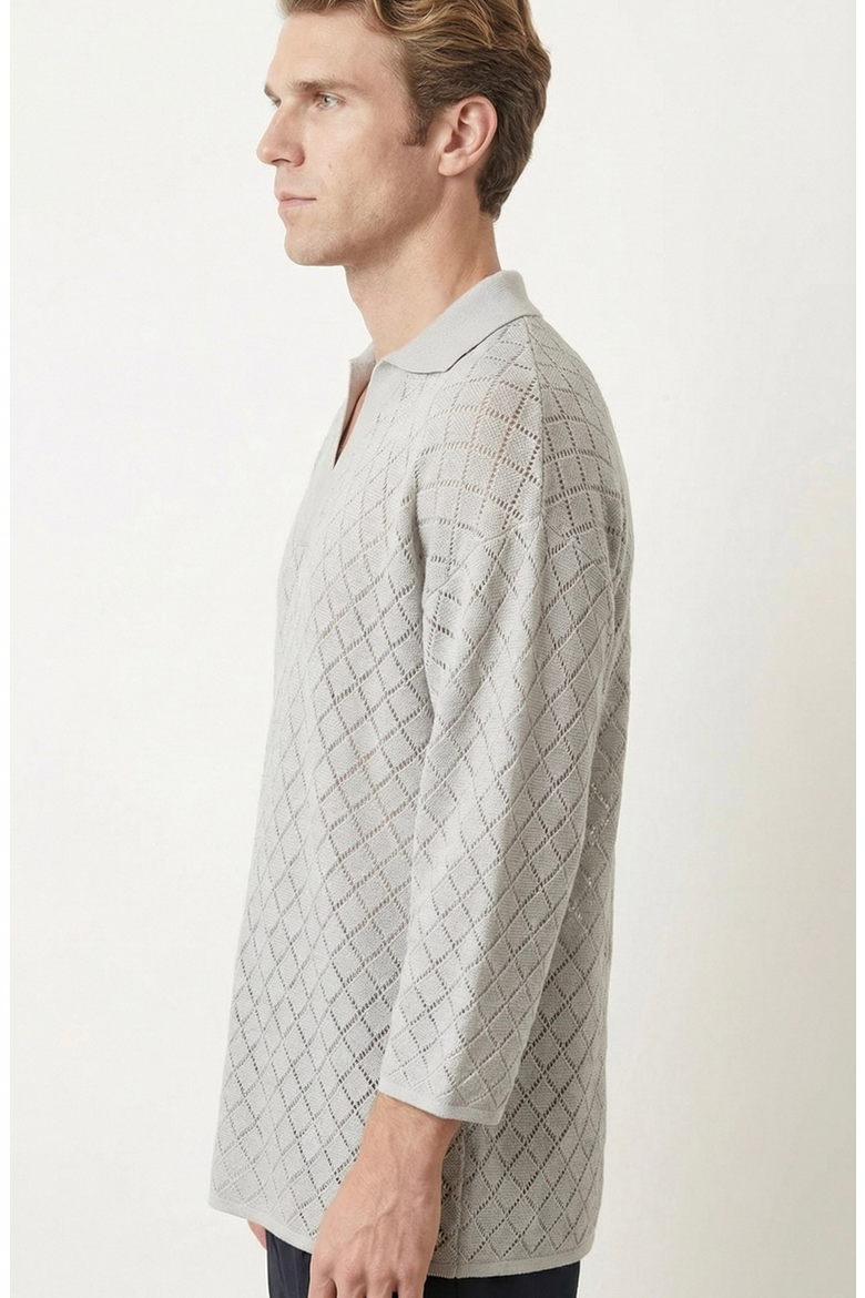 Textured Open Collar Knit Polo Top, Alternate, color, Light Grey