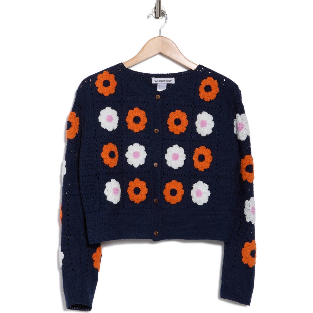Cotton Emporium Flower Patch Button Front Cardigan In Navy