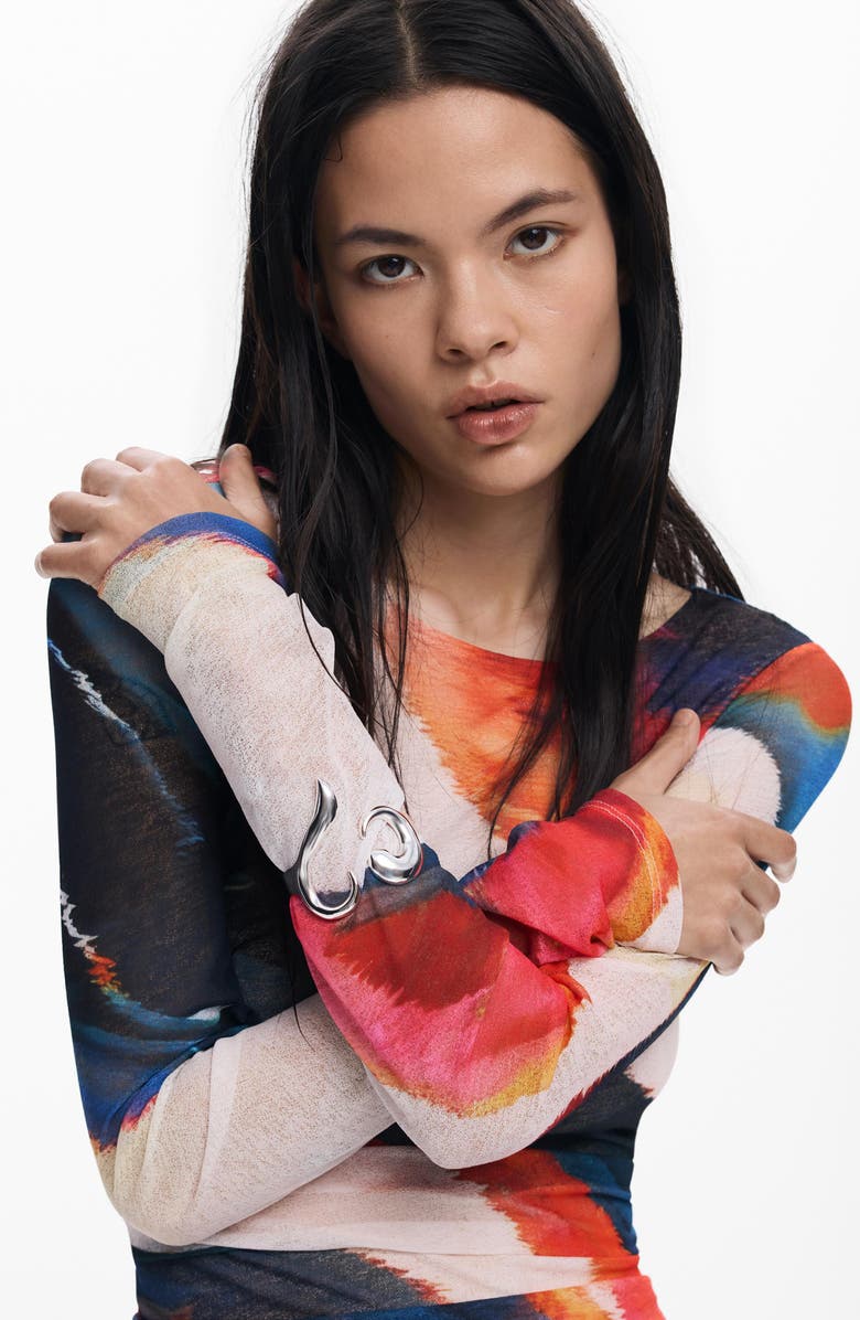 Desigual Long Sleeve Abstract Dress, Alternate, color, Orange Red