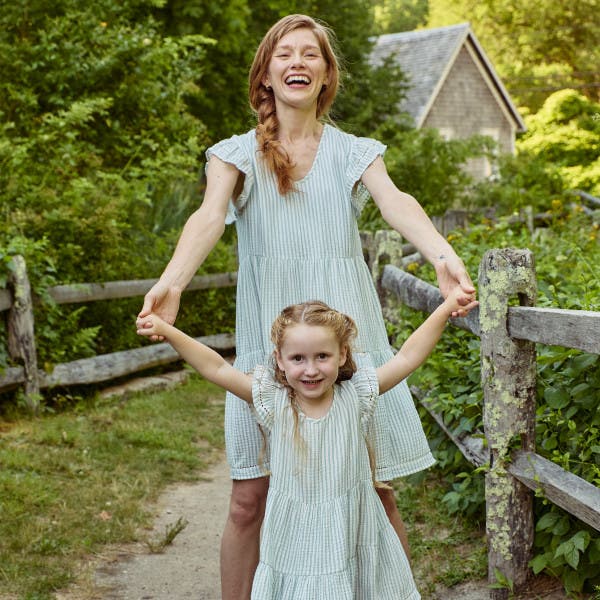 Modern Moments Mommy & Me Gauze Dress in Teal Stripe 