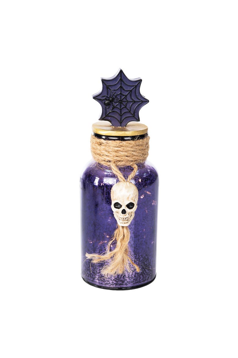 Purple Skeleton Halloween Glass Decorative LED Bottle 8.75", Main, color, Purple
