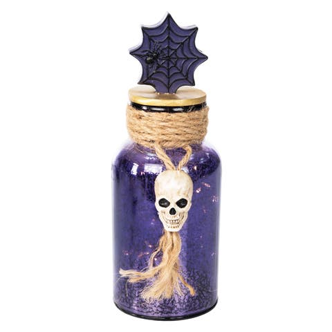 Purple Skeleton Halloween Glass Decorative LED Bottle 8.75"