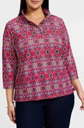 Foxcroft Tammy Tile Print Ruffle Collar Jersey Top