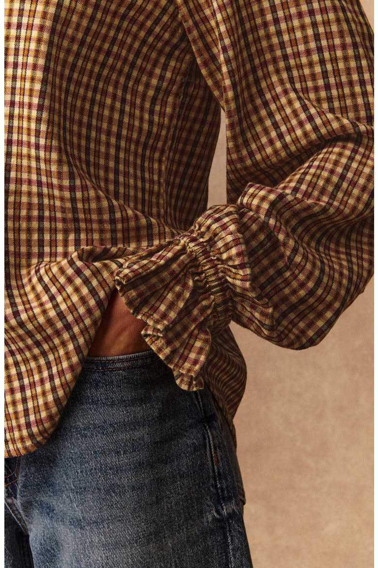 Check Ruffle Collar Button-Up Shirt, Alternate, color, BROWN