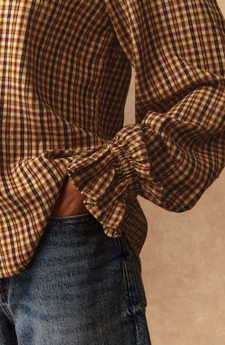 NEXT Check Ruffle Collar Button-Up Shirt, Alternate, color, Brown