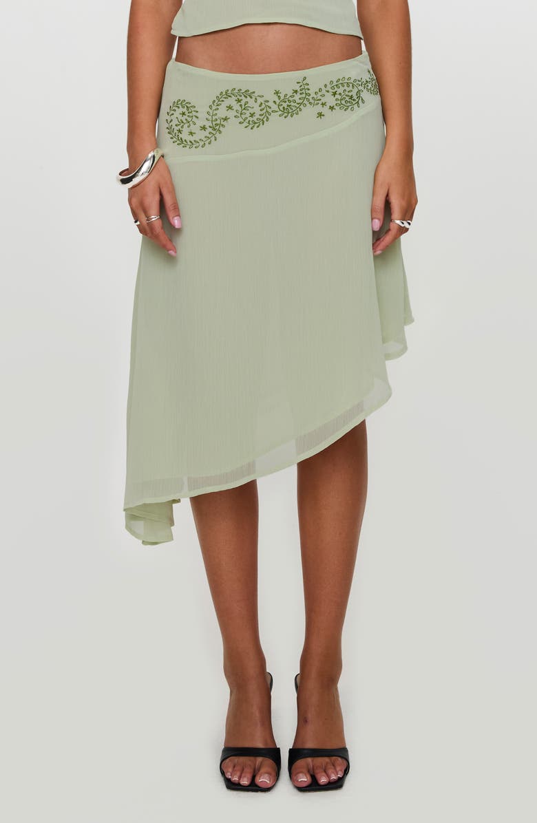 Princess Polly Pappilion Embroidered Asymmetric Chiffon Skirt, Main, color, Green