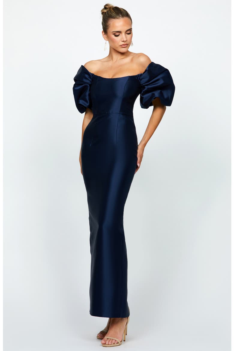 Meredith Puff Sleeves Scooped Gown, Main, color, NAVY